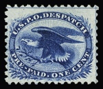 1851 "Carrier's" 1c blue, imperf, used with red cancel