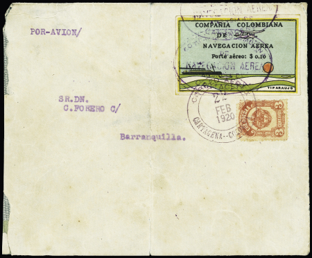 SCADTA 10c +Colombia 3c red tied by violet 22 feb 1920