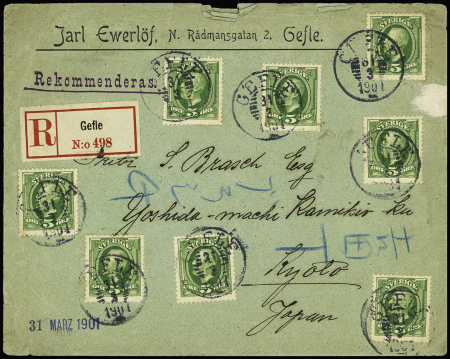 1891-1913 5ö green (x8) tied by Gefle cds to 1901 registered
