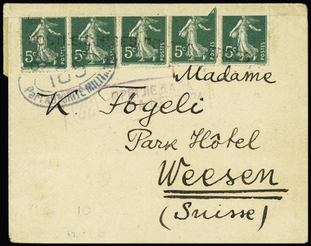 5c Semeuse vert (x5) avec griffe "POSTES SERBES" sur