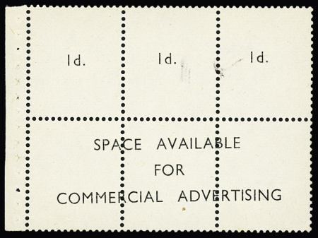 1953 Proof of fictive stamps - block of three for 1d stamps and "space available for commercial advertising, unusual