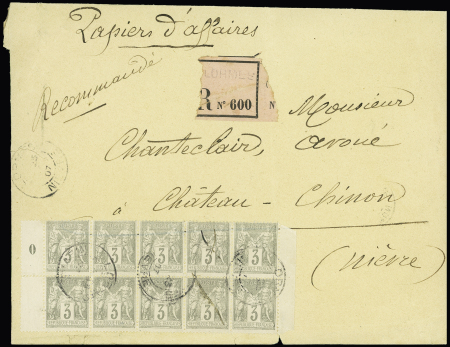 N°87, 3c gris, bloc de 10, OBL Lormes Nièvre (1907) sur papier d'affaire recommandé. TB