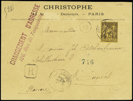 N°99, 75c violet sur orange, seul sur lettre recommandée de Paris (1892) pour l'Allemagne. TB