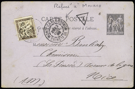 Entier carte postale 10c Sage posté à Monaco et refusé (figurine non oblitérée), à coté Monte Carlo Princté de Monaco) (1896) et France timbre-taxe n°29 OBL Nice. TB