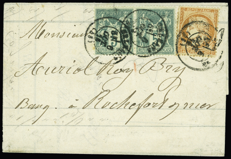 N°64 en paire + n°38 OBL T17 "Orléans (43)" (1876) sur lettre, bel AFF composé Cérès-Sage. TB