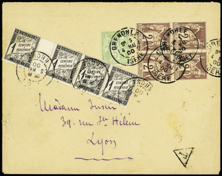 N°85 en bloc de 4 + n°102 OBL Grenoble (1902) sur lettre avec timbre-taxe n°10 en bande de 4 interpanneau OBL Lyon (1900). Rare et TB