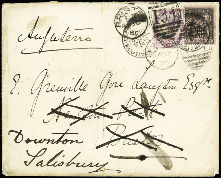 AFF mixte de réexpédition n°97 + Grande-Bretagne n°73 OBL duplex "Bristol 134" (1888) sur lettre. TB