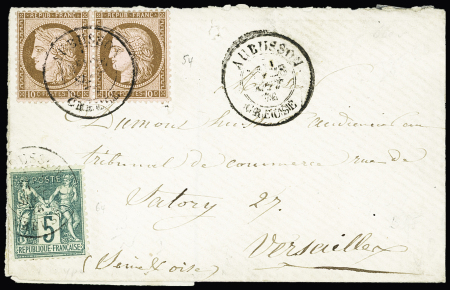N°54 en paire + 64 OBL CAD T18 "Aubusson Creuse" (1876) sur lettre, AFF composé Cérès-Sage. TB