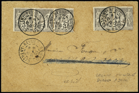 N°87, 3c gris, 5 pièces, OBL CAD "Betheny-Revue Marne" (21.9.01) sur lettre (OBL temporaire durée 1 journée lors de la visite du Tsar Nicolas II en France) ne se rencontre quasiment que sur le 10c Mouchon. RR et TB