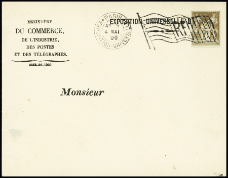 N°105, 2F bistre sur azuré OBL mécanique drapeau "Paris exposition universelle" (1900) seul sur env des PTT sans adresse. TB. (Cote seul 5500€)