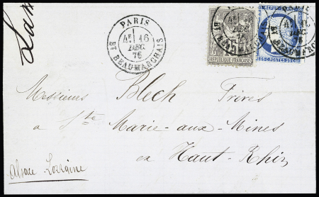 N°60 + 77 OBL CAD "Paris Bt Beaumarchais" (1876) sur lettre pour Sainte Marie aux Mines (Haut-Rhin-Alsace allemande) AFF composé Cérès-Sage. TB