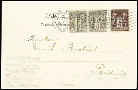 N°87 en paire + 88 OBL mec drapeau "United States postal station Paris exposition 1900" sur carte postale "Une retraite anglaise bien organisée" - (Guerre des Boers). TB