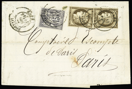 N°56, 2 pièces + 77 OBL T18 "Caen Calvados" (1876) sur lettre, bel AFF composé Cérès-Sage