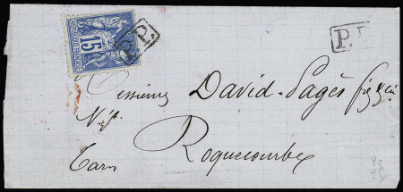 N°90 OBL "PP" encadré, répété à côté sur lettre d'Agen (1880) pour Roquecourbe (Tarn). TB
