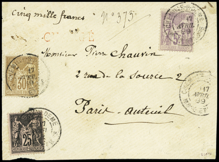 N°80 + 97 + 95, 5F violet OBL "Chemillé-s-Deme Indre et Loire" (1889) sur devant de lettre chargée (VD 5000F). TB