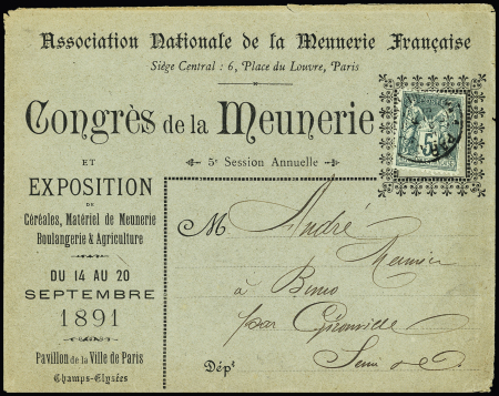 N°75 OBL Paris (1891) sur porte-timbre imprimé du congrès de la Meunerie. Rare et TB