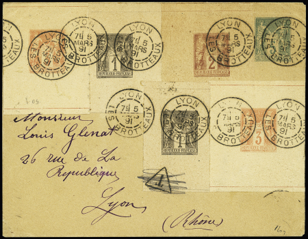 5 entiers découpés 1c noir (2), 2c brun-rouge (1) et 3c vermillon (2) OBL Daguin jumelé "Lyon les Brotteaux" (1891) sur env entier postal 5c Sage, spectaculaire et TB