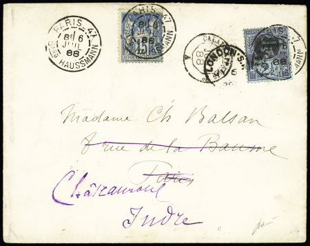GB n°95 OBL London (1888) en mixte de réexpédition avec France n°90 OBL Paris Bard Haussmann" sur lettre. TB. Signé Baudot