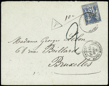 N°90 OBL CAD T18 "Cannes Alpes-Maritimes" (1885) sur lettre pour Bruxelles avec taxe 2 tampon façon manuscrite. Usage tardif. TB