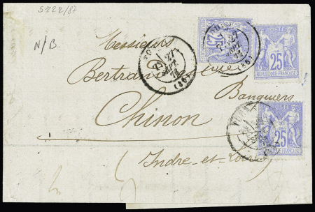N°68, 25c Outremer, 3 pièces, OBL Tours (sept 1876) sur lettre, AFF rare et TB