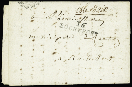 Aix : "isle d'Aix" manuscrit +MP 16 ROCHEFORT sur lettre en franchise 1795 portant un cachet de minute avec fleur de lys et "le roi" gratté, TB, R