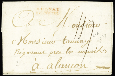 Aulnay : MP rouge "Aulnay en Poitou" (L n°1A), ind 23, RR et TB