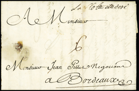 La Flotte : lettre de St Pierre Martinique pour Bordeaux avec marque manuscrite "La Flotte Ille de Ré" (L n°1) utilisé comme marque d'entrée, certificat Chevalier, ind 21. Rare et TB