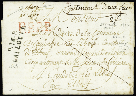 Lettre avec MP "P 16 P La Flotte" + mention manuscrite "chargé n°490" et "contenant deux francs", ind 20, rare et TB