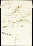 Lettre avec MP rouge "P 103 P Aix la Chapelle" pour Marans, réexpédiée à La Rochelle avec au verso MP noire "Deb Marans" (1802), très jolies frappes pour cette lettre rare, ind 23+