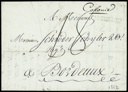 Lettre du Cap (Haïti) pour Bordeaux avec MP d'entrée maritime "Colonie" (manuscrite) + "Marennes" (L n°7 - Dubus n°21), ind 30, grande rareté