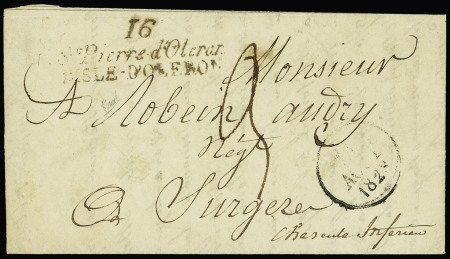 Double cursive "16 St Pierre d'Oleron L'Isle d'Oleron" + dateur A (1828, ind 20). Rare et TB