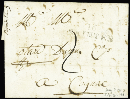 Marque manuscrite "DB de Pons. Bonne pour Cognac", ind 22. RR et TB