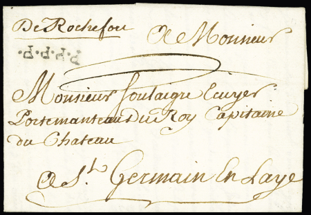 MP manuscrite "De Rochefort + paraphe de port payé (1764) ind 20, rare et TB