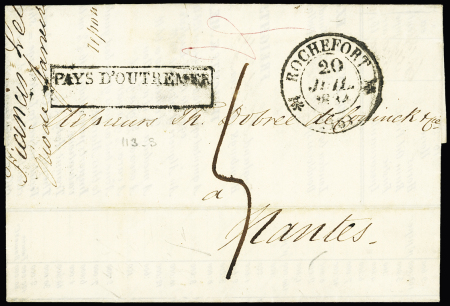 Lettre de Rio de Janeiro avec T12 "Rochefort (16)" (1834) + marque encadrée "Pays d'outermer" (Salles n°113) pour Nantes, ind 20. RR et TB