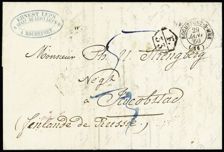 Lettre sans timbre avec T15 "Rochefort-s-Mer (16)" (1860) pour Jacobstad (Finlande de Prusse) avec marque d'échange heptagonale "F33", ind 21. RR et TB