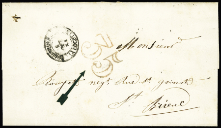 Lettre pour St Brieuc avec CAD d'entrée noir "Outre-Mer La Rochelle" (1851 - frappe très rare en noir) + taxe 35 double-trait rouge, ind 23. B mais RR