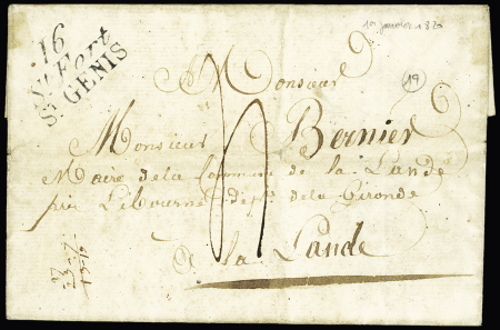 Saint-Fort : cursive noire "16 St Fort Sr Genis" (1820 - 1ère date connue), jolie pièce, ind 19, TB