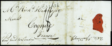 Lettre de Dover Roads (Grande Bretagne) (1789) avec MP "Calais" d'entrée maritime pour Cognac avec au verso MP manuscrite "Deb de St Jean d'Angély" et cachet de cire rouge, ind 20, rare et TB