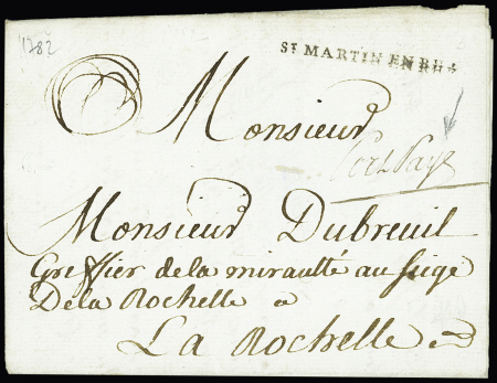 Saint Martin de Ré : petite MP "St Martin en Rhé" (L n°5 - 1782) + "port payé" manuscrit (L n°8), ind 20, rare et TB