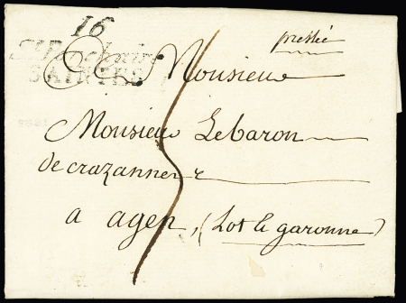 Saint Porchaire : double cursive "16 St Porchaire Saintes" (1823) pour Agen, ind 20. Rare et TB