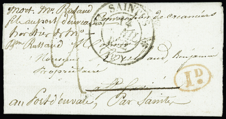 Lettre avec T12 de Saintes (1832) pour Port d'Envaux avec au verso MP noire "Deb 16 St Savinien" (car destinataire décédé), ind 23, RR et TB