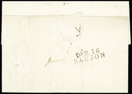 Lettre de La Rochelle à Jarnac avec au verso MP "Deb 16 Saujon" (fausse direction), ind 23, frappe RR et superbe