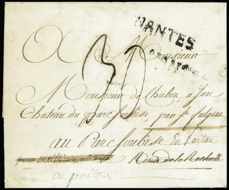 Lettre de Nantes pour Soubise en Poitou avec au verso marque manuscrite "Déboursé de Soubise", ind 20, TB