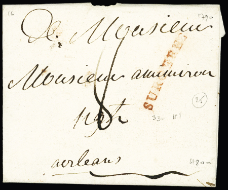Surgères : MP rouge "Surgères" (L n°1, Dubus n°1) (1790), ind 25. RRR et TB