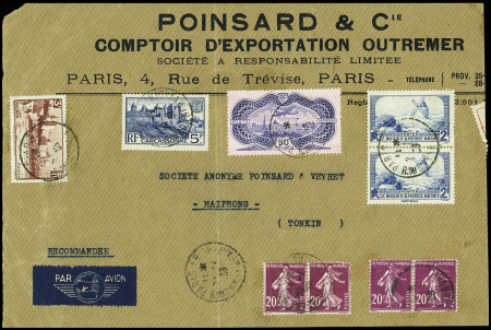 N°15 50f Burelé +poste n°311 en paire +391 +392 +190 (x4) sur devant de lettre recommandée de Paris 1938 pour le Tonkin, TB