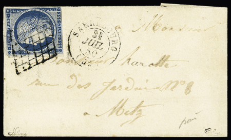 N°4, 25c bleu, au filet, OBL grille + T15 "Sarrebourg (52)" (31 juil 50) sur lettre pour Metz, signé Calves