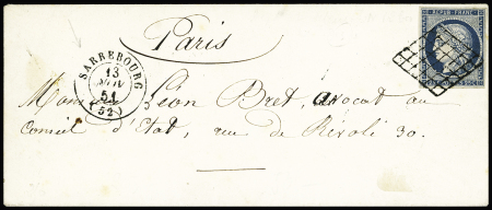 N°4 OBL grille + T15 "Sarrebourg (52)" (13 nov 51) sur lettre pour Paris. TB