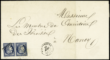 N°4 en paire (touchée) OBL grille + T15 "Sarrebourg (52)" (30 avril 1851) sur lettre pour le consistoire des israélites à Nancy avec arrivée T15 au verso. TB