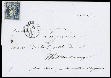 N°4 OBL PC 2810 + T15 "Sarrebourg (52)" (1852) sur lettre pour Wissembourg avec arrivée. TB