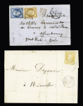 3 lettres locales pour Niederville AFF n°13 OBL PC 2810 + T15 Sarrebourg et n°13 + 14 OBL PC 2810 + T15 "Sarrebourg (52)" (18 fev 62) sur lettre pour Offenbourg (Grand Duché de Bade). TB